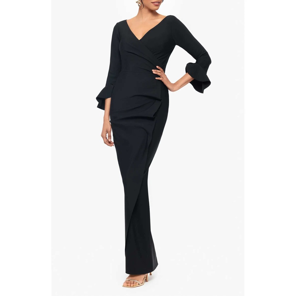Betsy & Adam 6 Black V-Neck Scuba Ruffle Sleeve Faux Wrap Sheath Gown Dress NWT